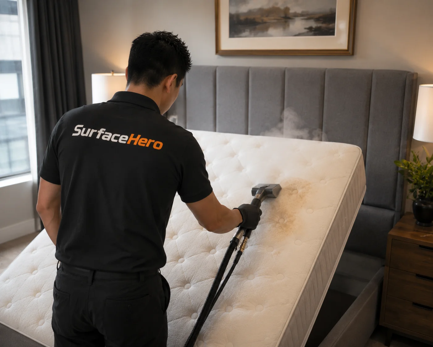 SurfaceHero specialist working on mattress in Montreal